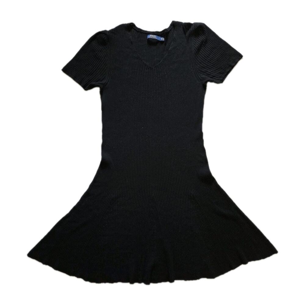 Polo Ralph Lauren Black Rib Knit Sweater Dress XL V Neck Fit Flare Y2K